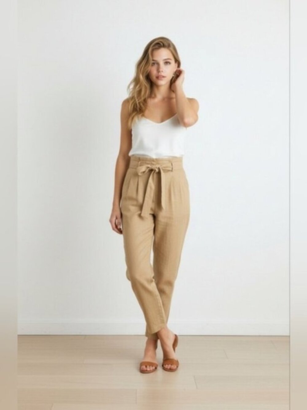 Calvin Klein SZ 4 Tan Belted Paper Bag Pleated Linen Blend Pant Baggy Tapered